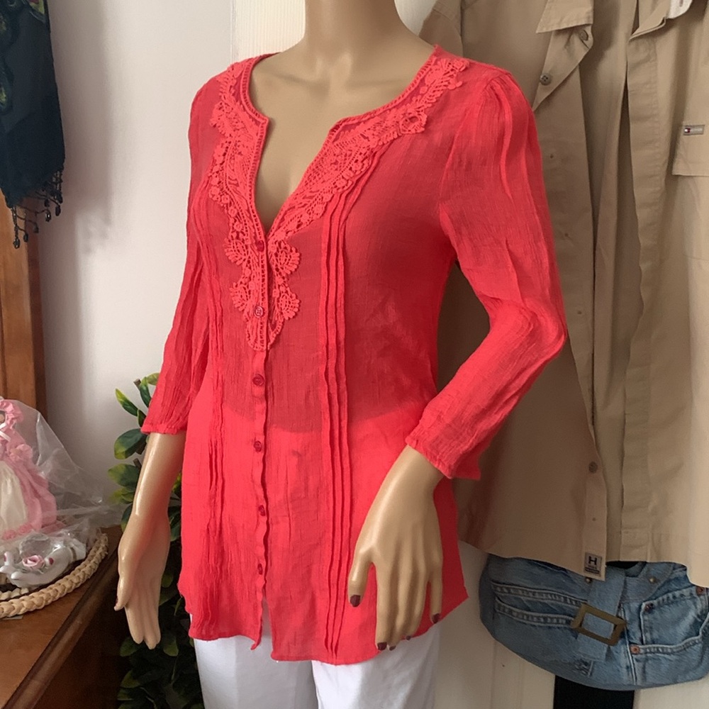 Orange gauze embroidered lace pin tuck tunic blouse shirt top S
